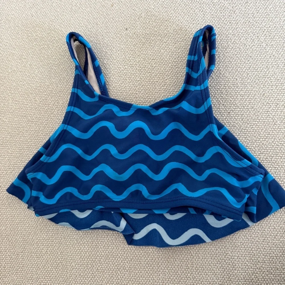 Tea Girls Swim Suit Top Rashguard - Blue with waves-Size 6